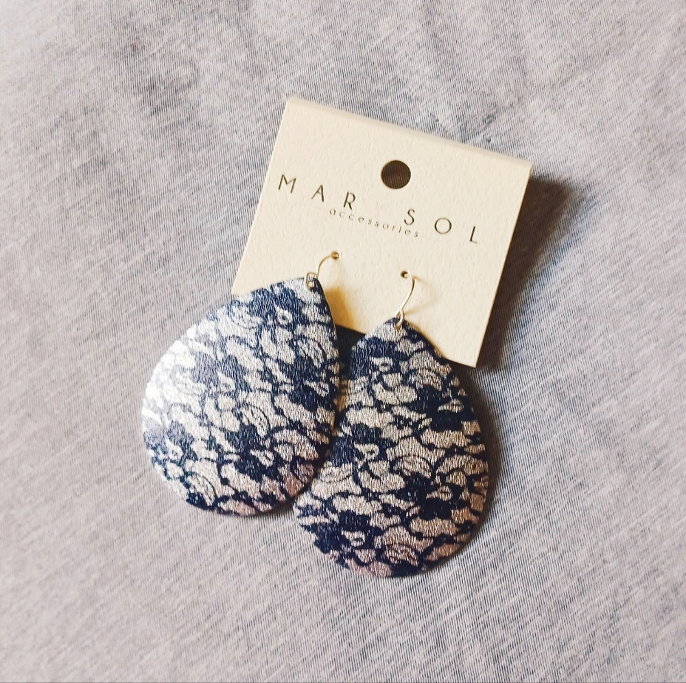 Mar Sol Silver Black Lace Print Teardrop Metal Earrings Dangle Dangly Floral